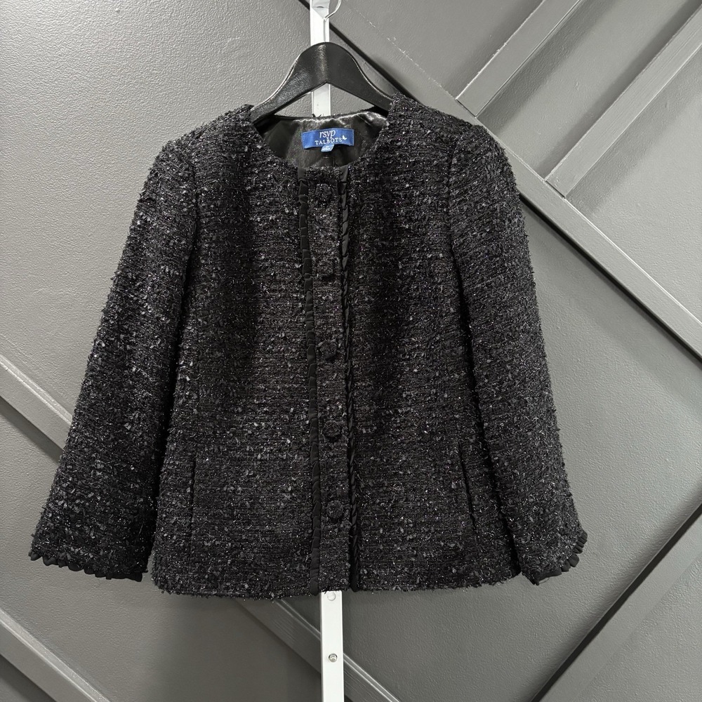 RSVP by Talbots Black Metallic Tweed Ribbon Trim Jacket Womens Size 6P Petite